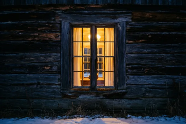 Een warm verlicht raam in een houten hoeve steekt af tegen een donkere winteravond met sneeuw, in diepblauwe en bruine tinten.