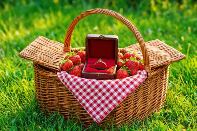 Een rieten picknickmand met een rood-wit geruite doek en verse aardbeien staat op groen gras, met tussen de aardbeien een open vintage ringdoosje met een gouden ring.