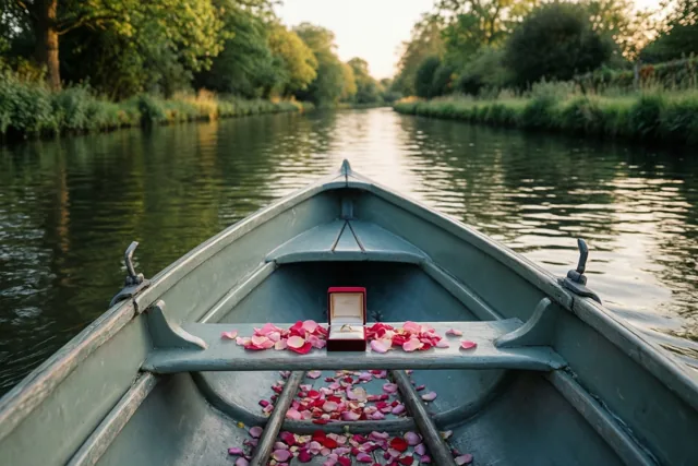 Een roeiboot drijft op een rustig kanaal tussen groene bomen, met rozenblaadjes op de zitbank en bodem rond een open rood doosje met een gouden ring.