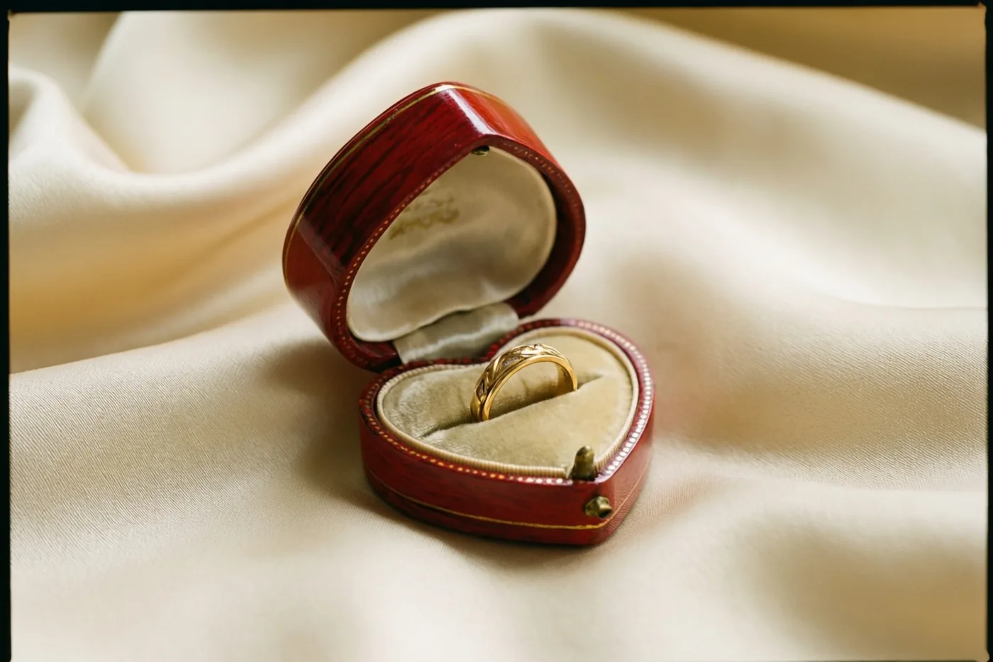 Een roodgelakt hartvormig juwelendoosje staat halfopen op crèmekleurige zijde en toont een gouden ring in zacht licht.