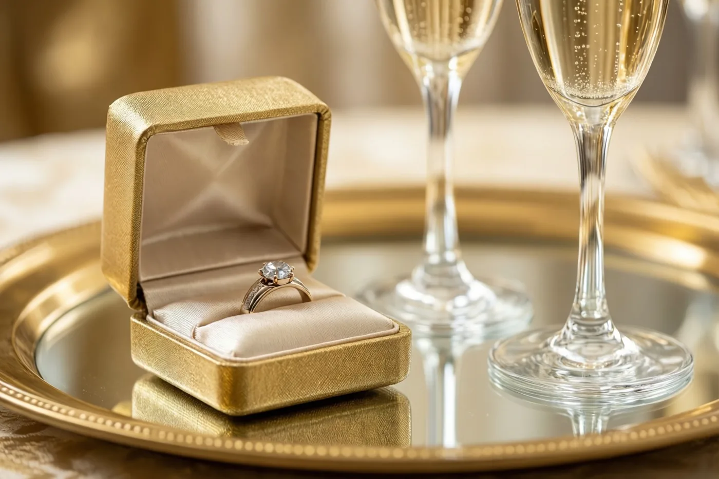 Een open goudkleurig ringdoosje met een diamanten verlovingsring staat op een spiegelend dienblad naast twee champagnefluiten met bubbels in warm, goudkleurig licht.
