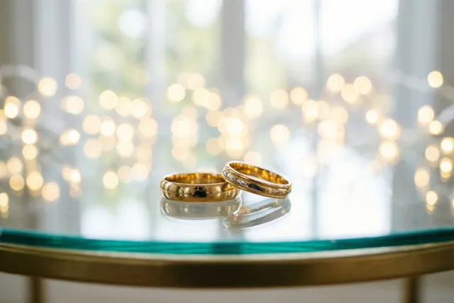 Twee gouden trouwringen liggen op een glazen tafel met een messing rand, met onscherpe lichtjes in een warme gouden achtergrond.