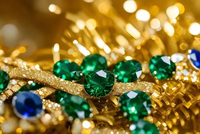 Een gouden glitterslinger en gefacetteerde groene en blauwe edelstenen vangen het licht tegen een onscherpe gouden achtergrond.