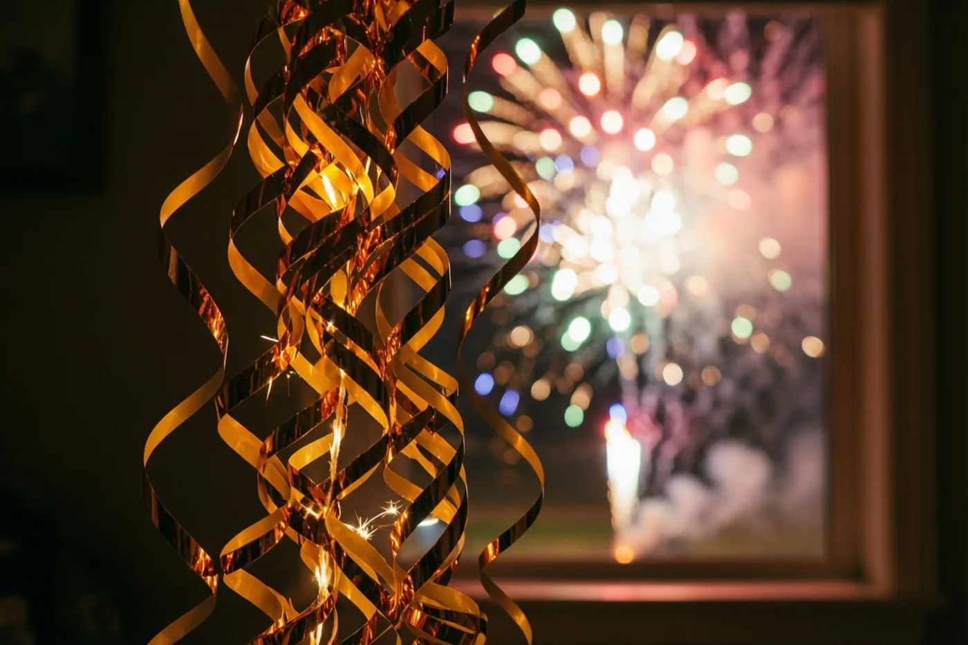 Gouden metallic slingers krullen op de voorgrond en vangen het licht van kleurrijk vuurwerk dat door een raam zichtbaar is.