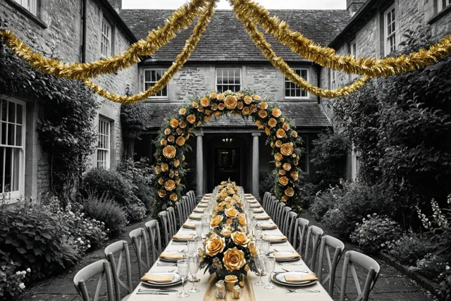 Een lange feesttafel met gouden slingers en een boog van papieren rozen staat op een stenen hoevebinnenplaats, in zwart-wit met de gouden versiering in kleur.