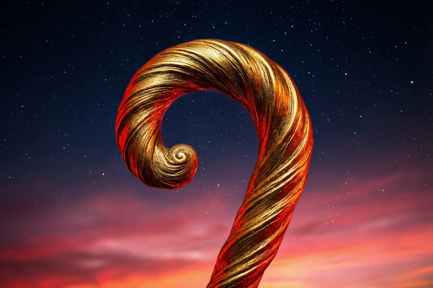 Een grote gouden staf met een spiraalvormige krul steekt af tegen een sterrenhemel boven een roze en oranje horizon.