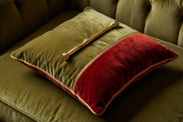 Een fluwelen kussen in rood en olijfgroen ligt met een gouden staf op een bijpassende zetel in een elegant ingerichte kamer.