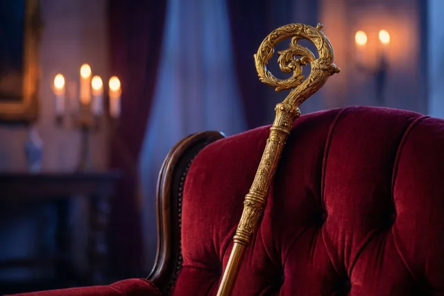 Een rijkversierde gouden bisschopsstaf leunt tegen de rugleuning van een dieprode fluwelen fauteuil in een schemerige kamer met kaarslicht.