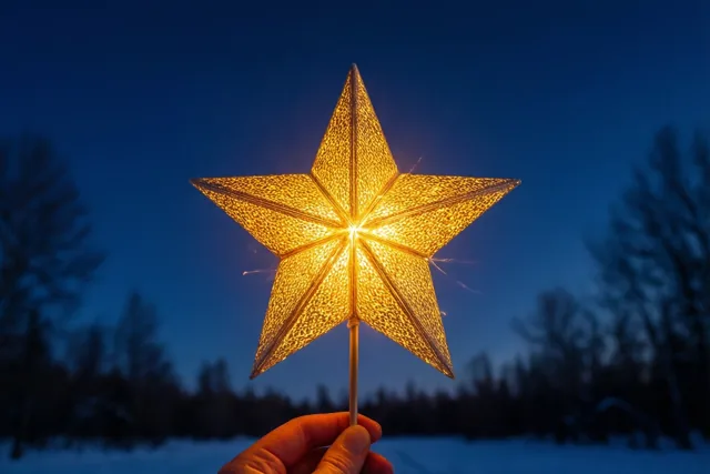 Een hand houdt een lichtgevende gouden ster op een stok tegen een donkere winterhemel, met besneeuwde grond en donkere boomsilhouetten eronder.
