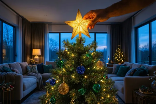 Een hand zet een lichtgevende gouden ster op een kerstboom met blauwe en groene versiering in een woonkamer bij valavond, met achteraan een tweede verlichte boom.