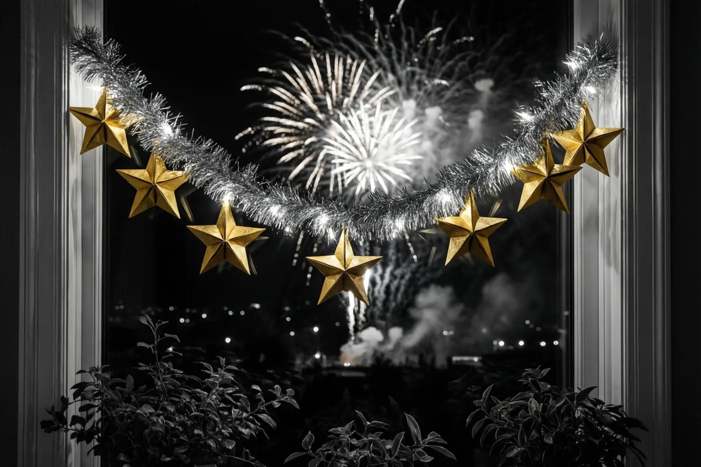 Gouden papieren sterren en zilveren slingers hangen bovenaan een raam met kamerplanten eronder en vuurwerk buiten, in een verder zwart-wit beeld.