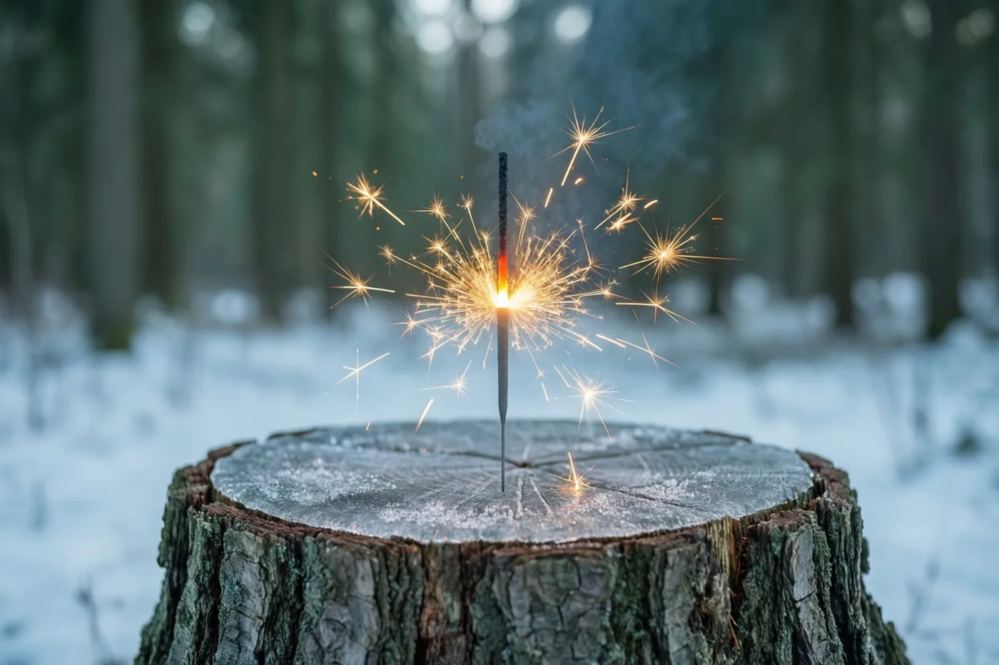 Een sterretje verspreidt gouden vonken op een verweerde, besneeuwde boomstronk op een open plek in het bos, met onscherpe boomstammen achteraan.