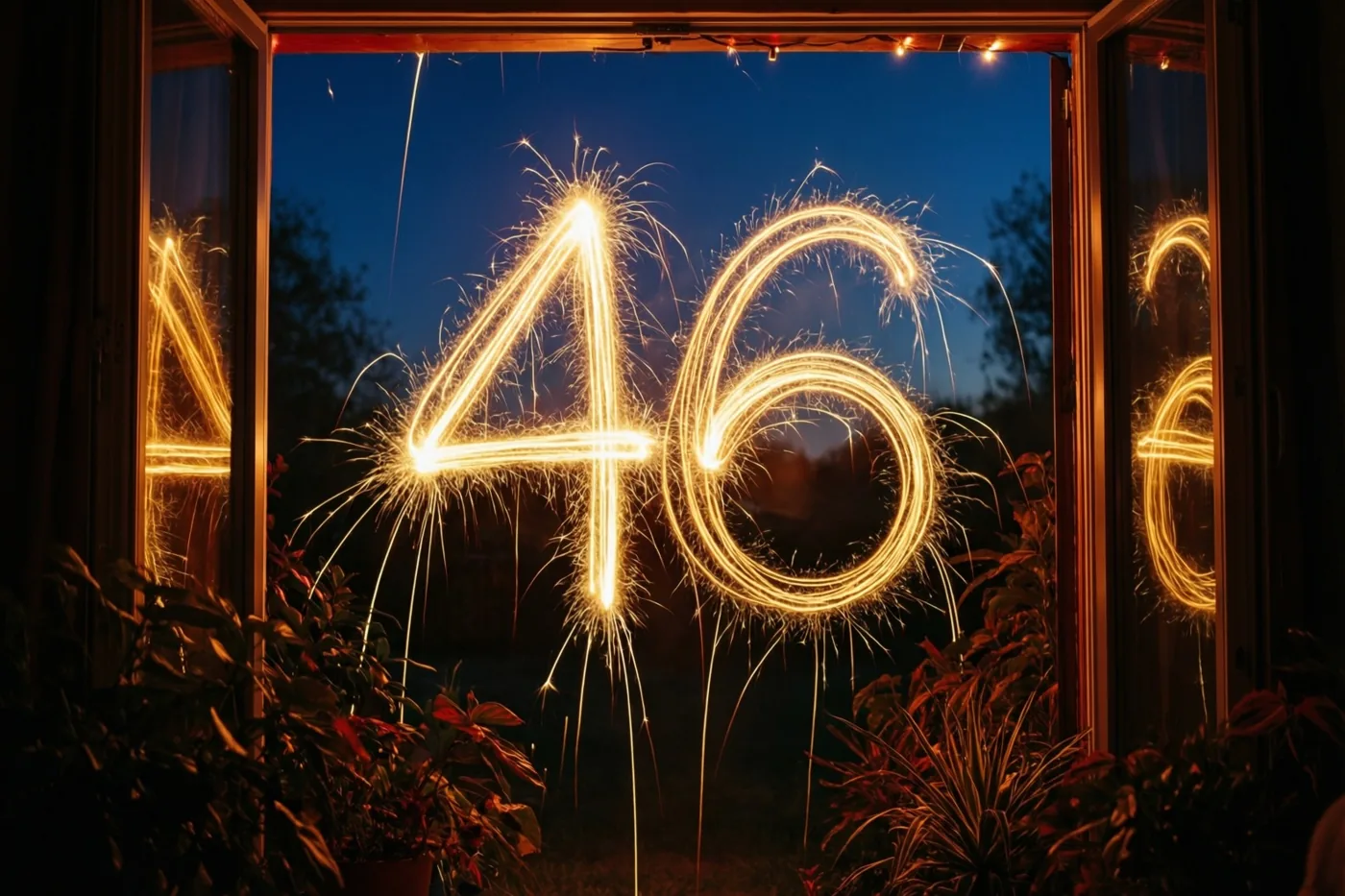 Door een open raam met warm licht en potplanten is het getal 46 van gouden sterretjes te zien tegen een donkere nachthemel.
