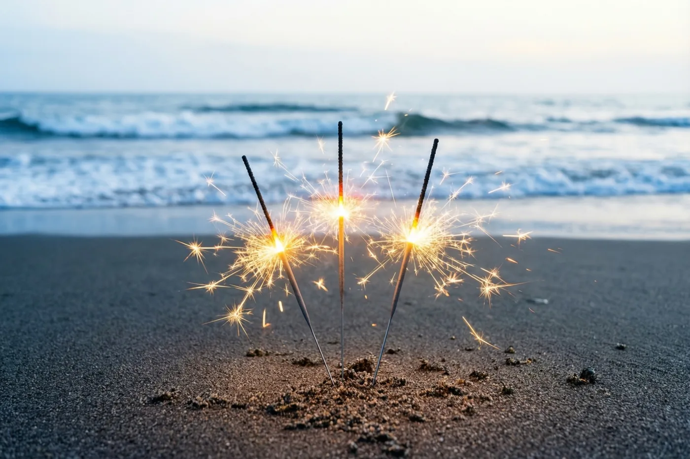 Drie brandende sterretjes verspreiden gouden vonken boven donker strandzand, met zeegolven in blauwe en grijze tinten op de achtergrond.