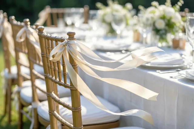 Gouden stoelen met wapperende crèmekleurige zijden linten staan naast een buitentafel met een wit kleed, met onscherpe bloemstukken in helder daglicht.