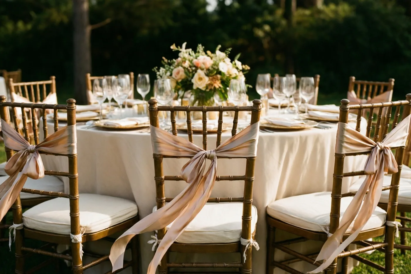 Gouden stoelen met lange perzikkleurige zijden strikken staan aan een gedekte buitentafel in warm zonlicht tegen een onscherpe groene achtergrond.