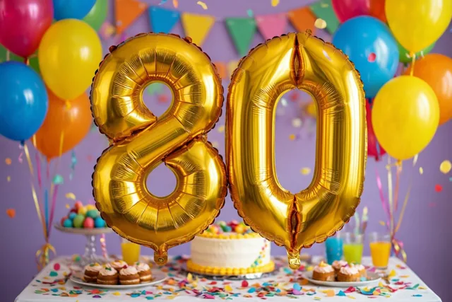Gouden folieballonnen vormen 80 boven een feesttafel met confetti, met taart en drankjes erachter en een paarse muur met gekleurde ballonnen en vlaggetjes.