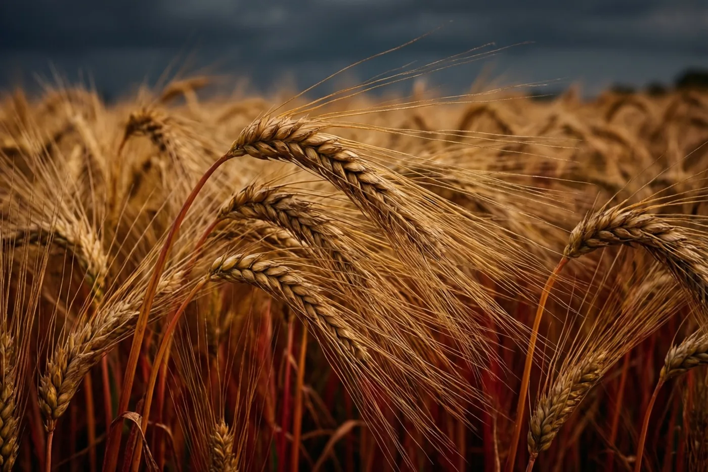 Gouden tarwehalmen buigen in de wind tegen een donkere wolkenhemel, met warme goudkleurige en dieprode tinten.