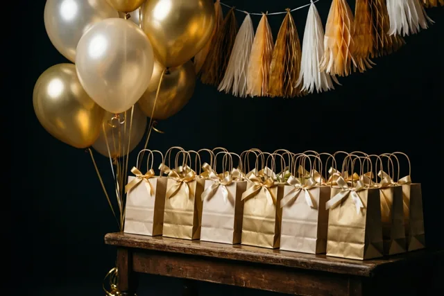 Gouden en crèmekleurige cadeautasjes met linten staan op een donkere houten bank onder gouden en crèmekleurige ballonnen en papieren slingers tegen een donkere achtergrond.