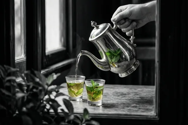 Een hand schenkt dampende muntthee uit een hoge zilveren theepot in twee kleine glazen bij een raam, waarbij alleen de groene munt en gouden thee kleur hebben.