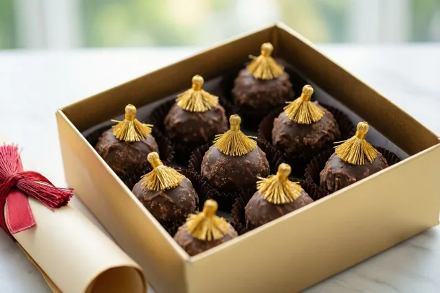 Een open gouden doos chocoladetruffels met gouden suikerkwastjes staat op wit marmer naast een opgerold diploma met een rood lint, tegen een heldere wazige achtergrond.