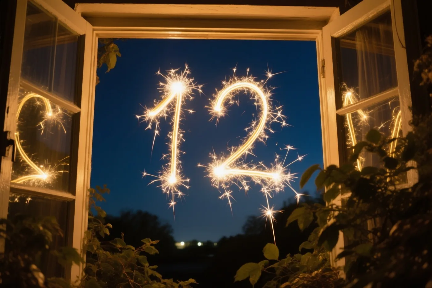 Door een open raam met een witte omlijsting en bladeren is het getal 12 van gouden lichtsporen te zien tegen een donkere nachthemel.