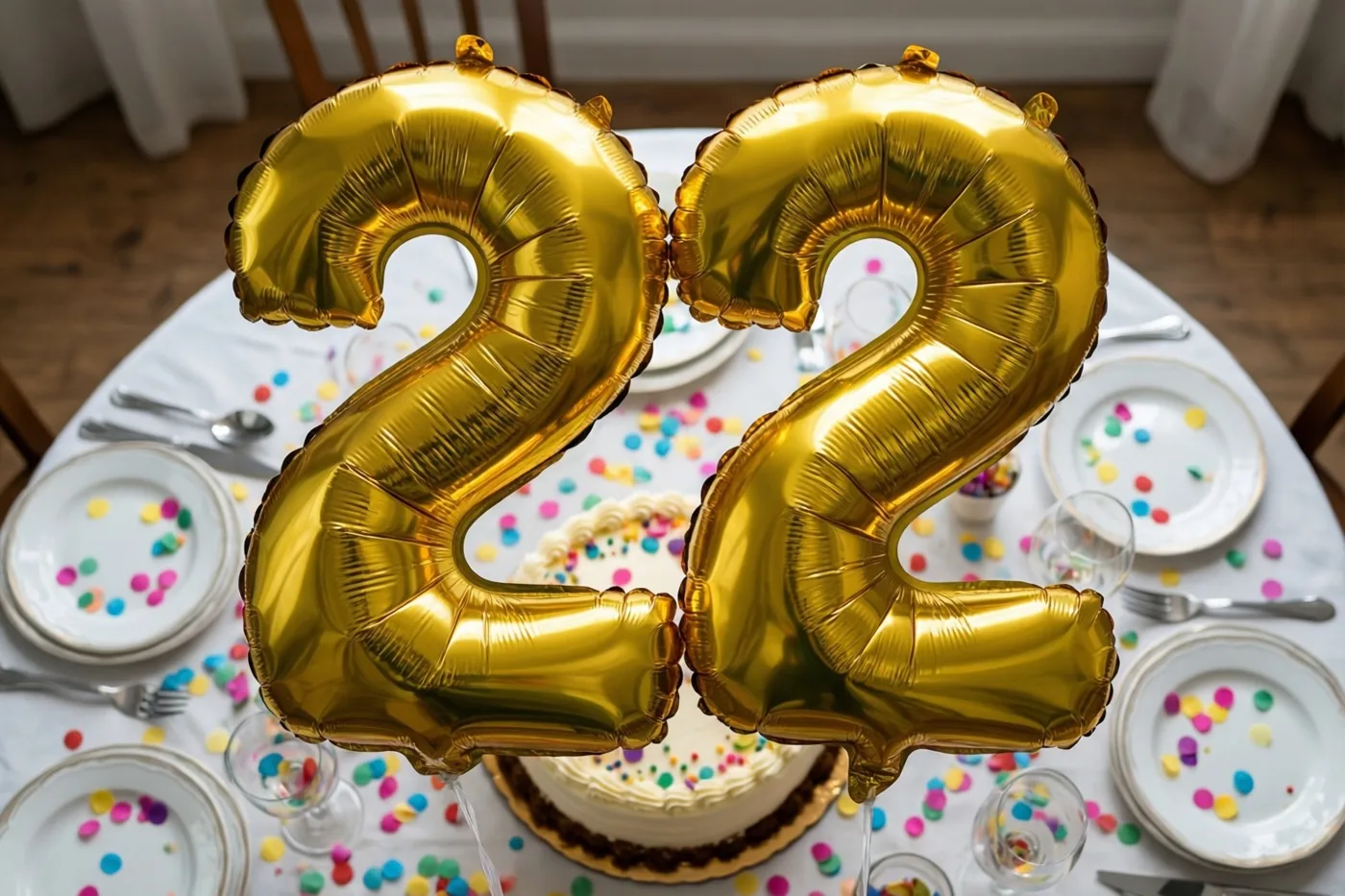 Twee gouden cijferballonnen vormen 22 boven een feesttafel met witte borden, glazen, kleurrijke confetti en een taart.