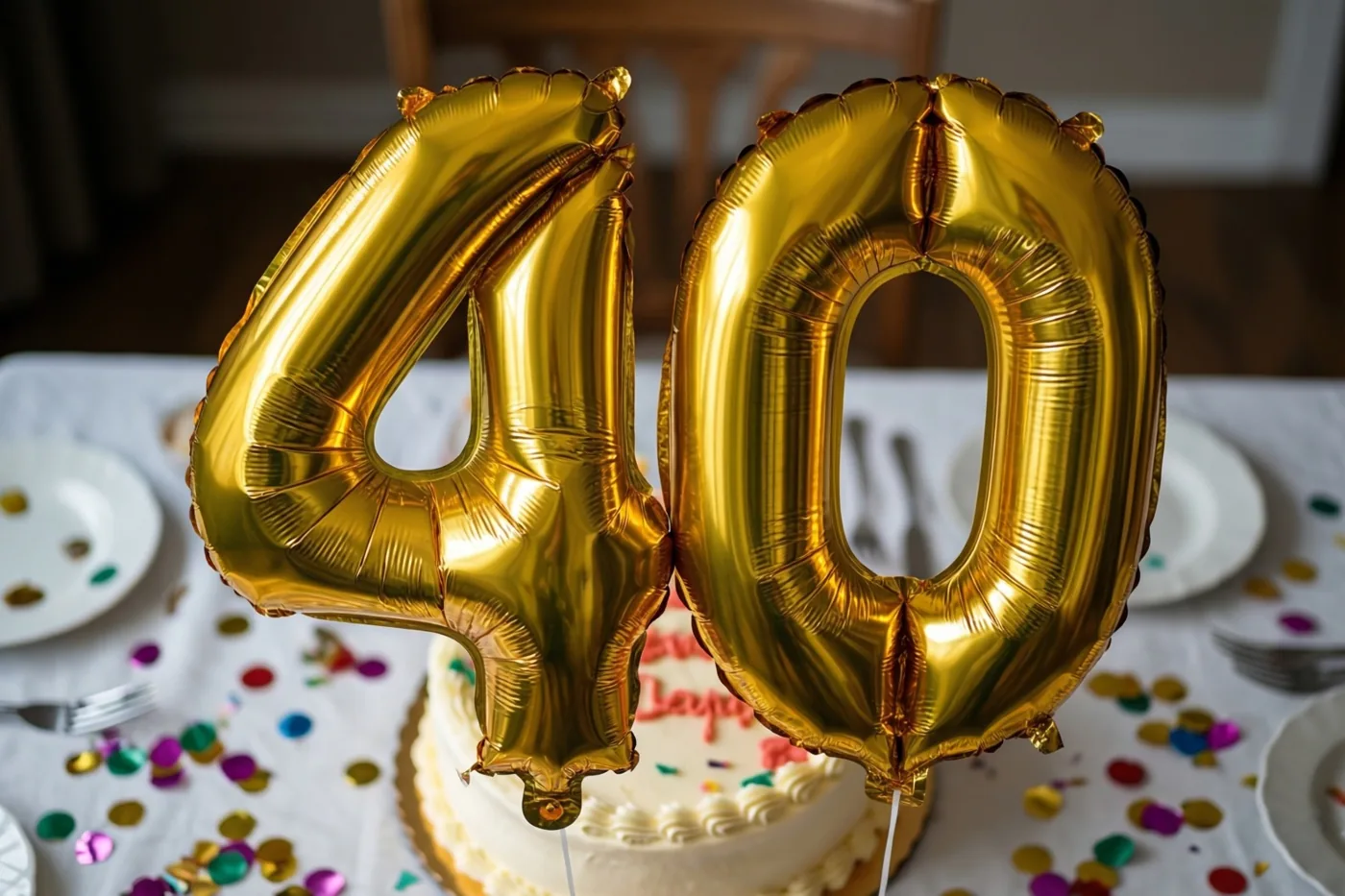 Twee grote glanzende gouden folieballonnen vormen 40 boven een wit tafelkleed met kleurrijke confetti en een deels zichtbare taart met wit glazuur.