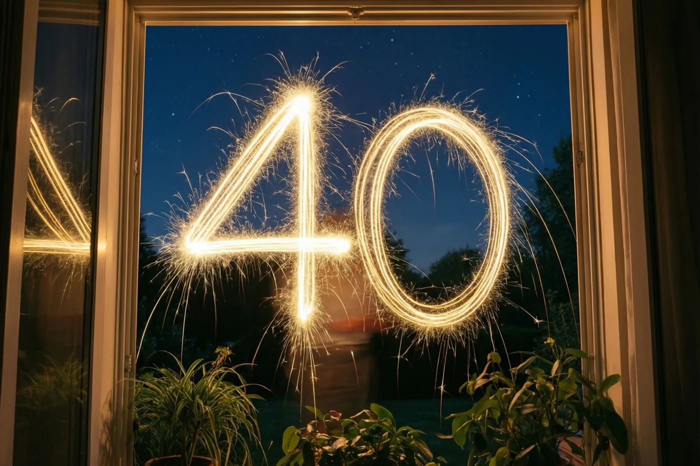 Door een raam is een 40 van gouden lichtsporen tegen een sterrenhemel te zien, met kamerplanten op de voorgrond in een warm verlichte kamer.