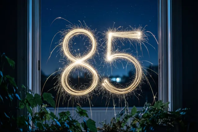 Door een raam met kamerplanten zijn gouden lichtsporen in de vorm van 85 tegen een donkere nachthemel te zien.