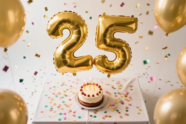 Gouden folieballonnen vormen 25 boven een witte tafel met kleurrijke confetti en een klein verjaardagstaartje met kaarsen tegen een lichte achtergrond.