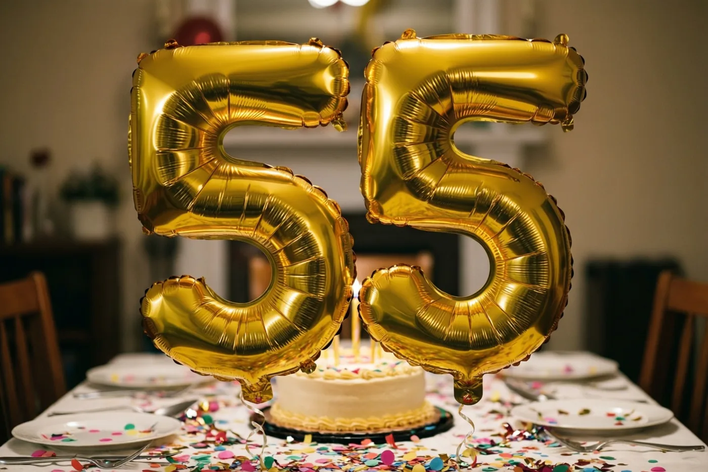 Twee grote gouden folieballonnen vormen 55 boven een feestelijk gedekte tafel met kleurrijke confetti en een verjaardagstaart in warm licht.