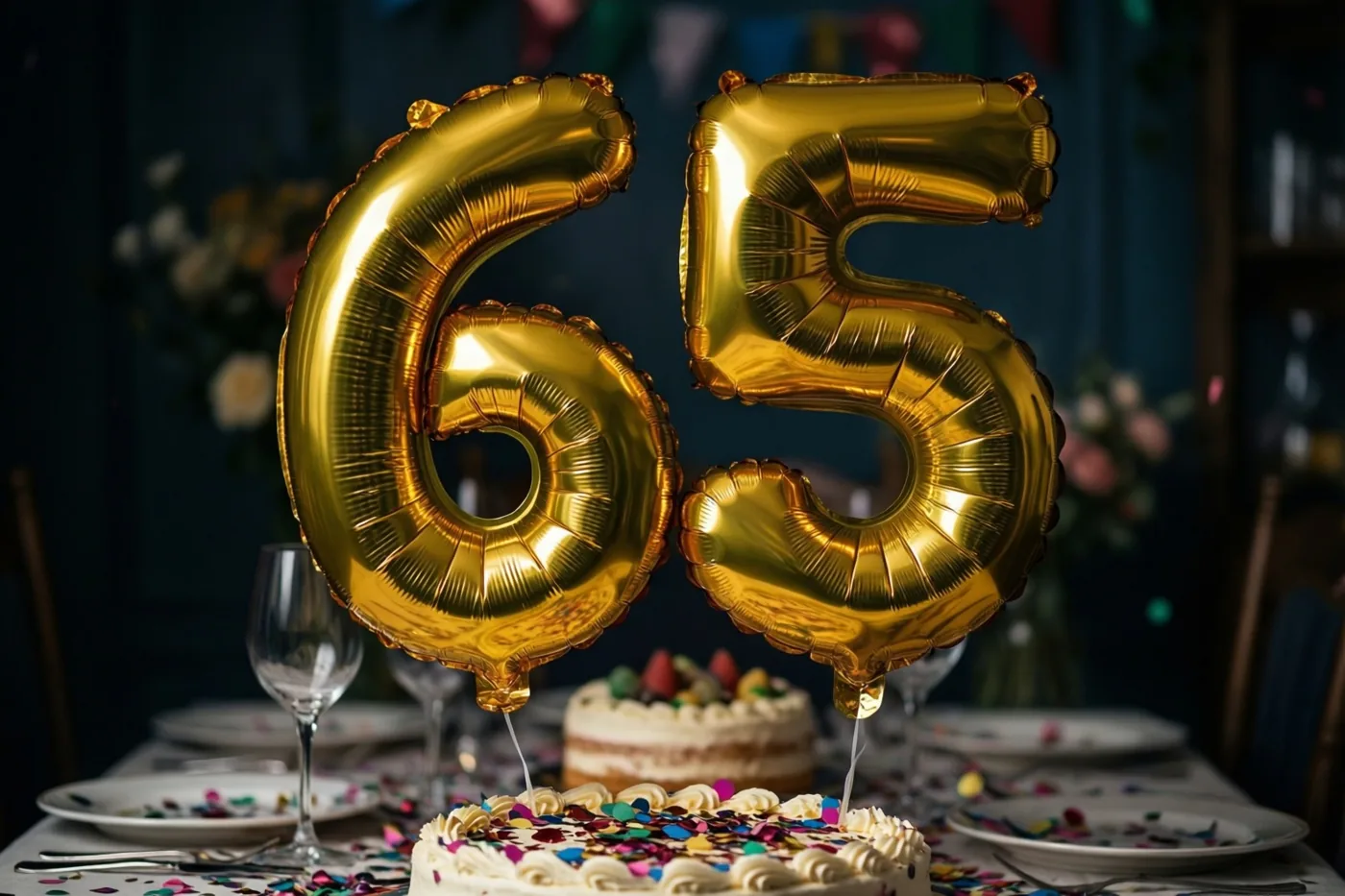 Grote gouden folieballonnen vormen 65 boven een feesttafel met taart, borden en confetti, in warm licht tegen een donkere achtergrond.
