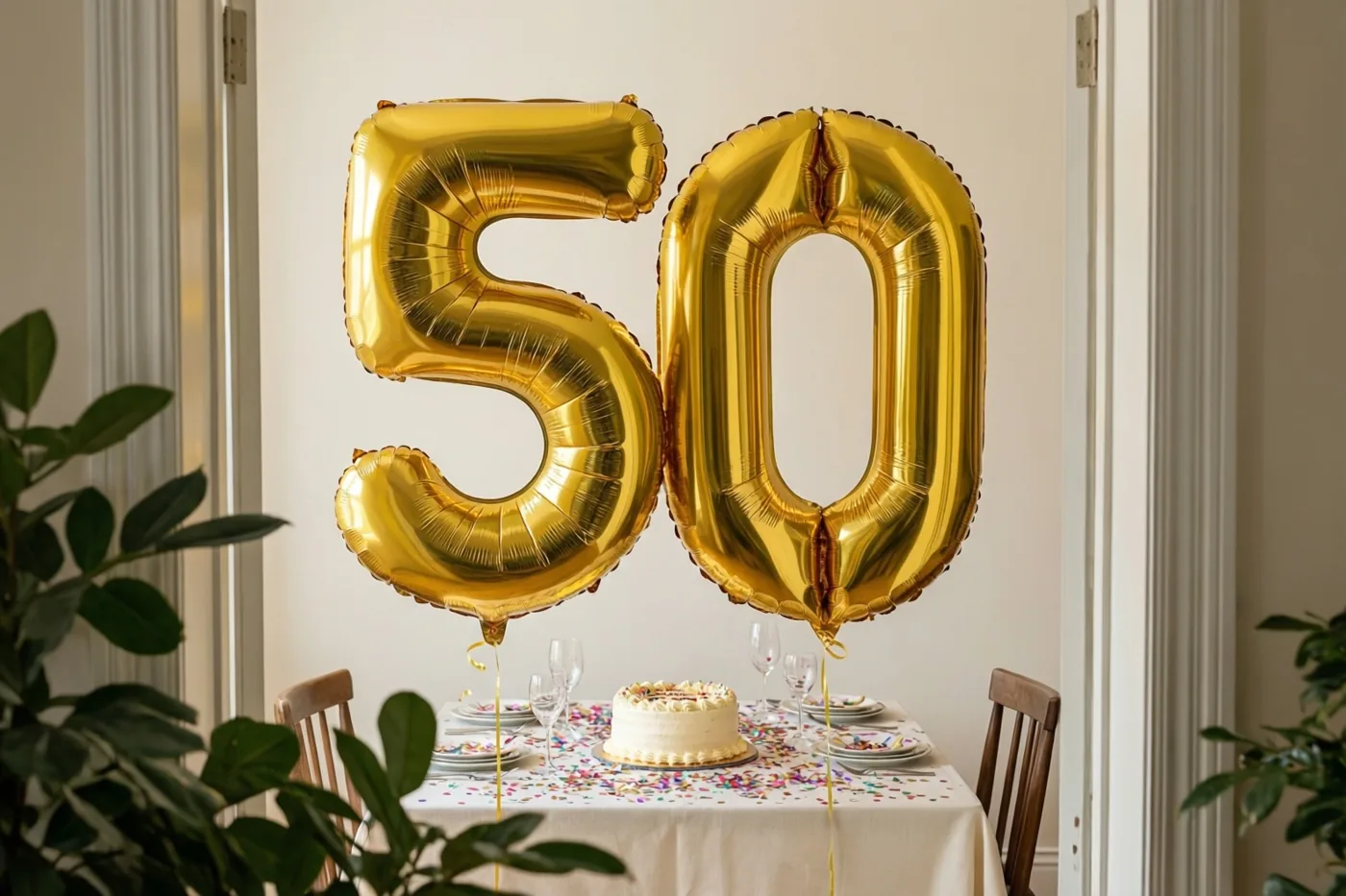 Gouden folieballonnen vormen 50 boven een feestelijk gedekte tafel met taart en confetti, in een kamer met daglicht en groene planten.