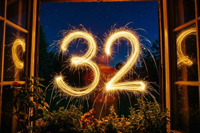 Door een open houten raam zijn gouden lichtsporen in de vorm van 32 tegen een sterrenhemel te zien, met kamerplanten en warm binnenlicht langs het raam.