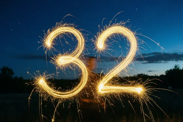 Gouden lichtsporen van sterretjes vormen 32 tegen een donkerblauwe nachtlucht met silhouetten van bomen.