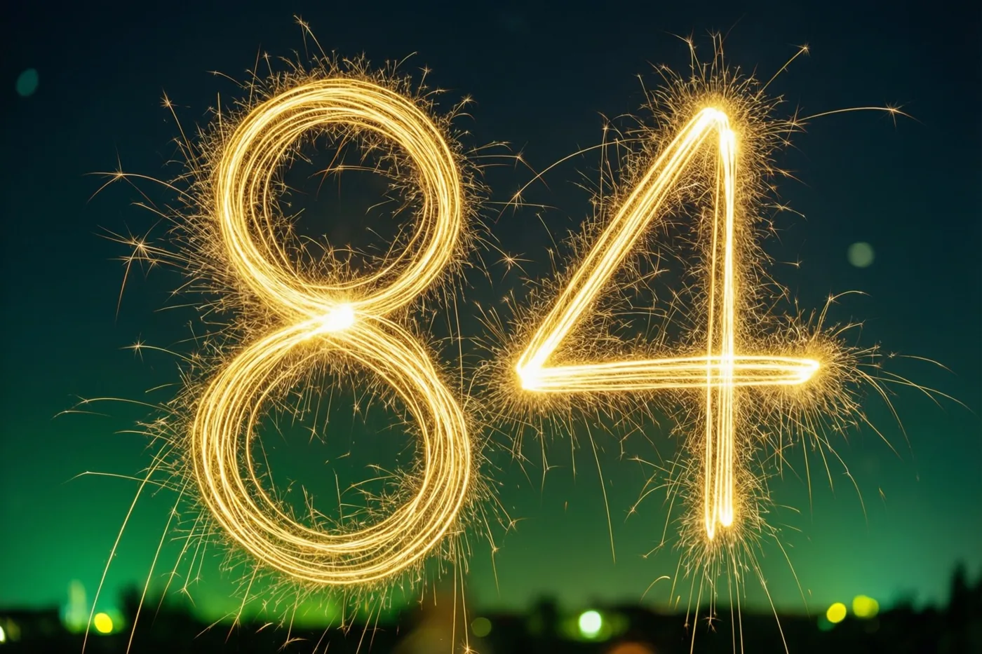 Gouden vonkensporen vormen 84 tegen een donkere nachtelijke hemel met een groenige gloed aan de horizon.