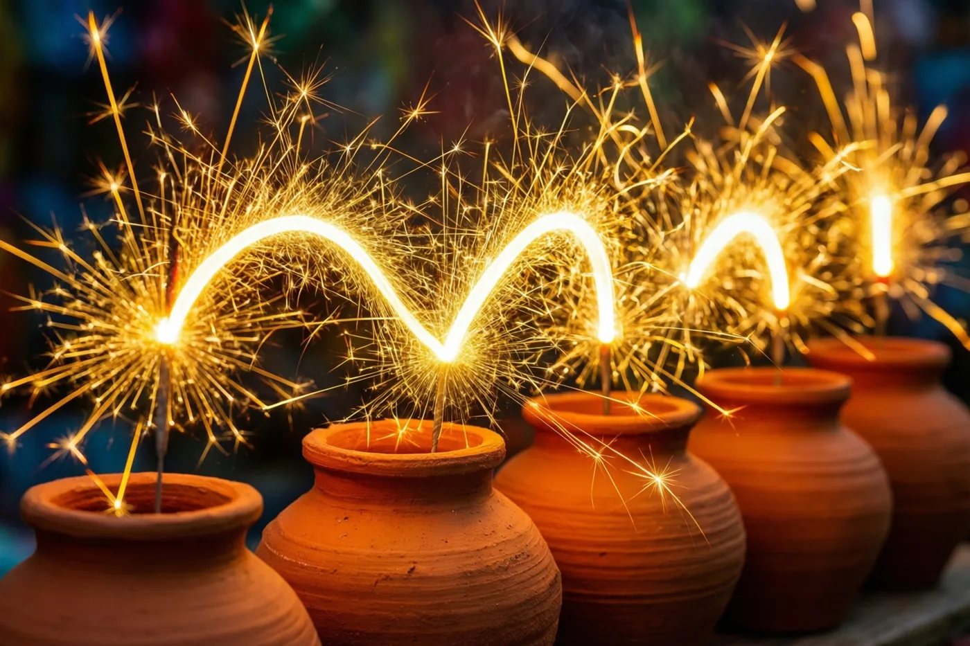 Gouden lichtsporen van sterretjes krullen boven een rij terracotta potten in warme oranje en gele tinten.
