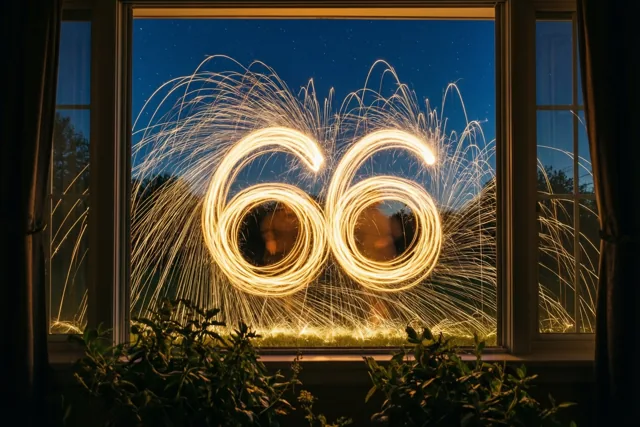 Gouden lichtsporen van sterretjes vormen het getal 66 tegen een diepblauwe nachthemel, gezien door een raam met gordijnen en planten op de voorgrond.