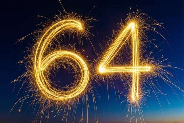 Gouden lichtsporen van sterretjes vormen het getal 64 tegen een donkere nachthemel in gele en blauwe tinten.