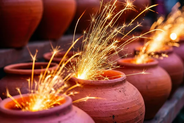 Uit een rij terracotta potten spatten gouden vonken van sterretjes tegen een zacht vervaagde achtergrond in warme oranje en rode tinten.