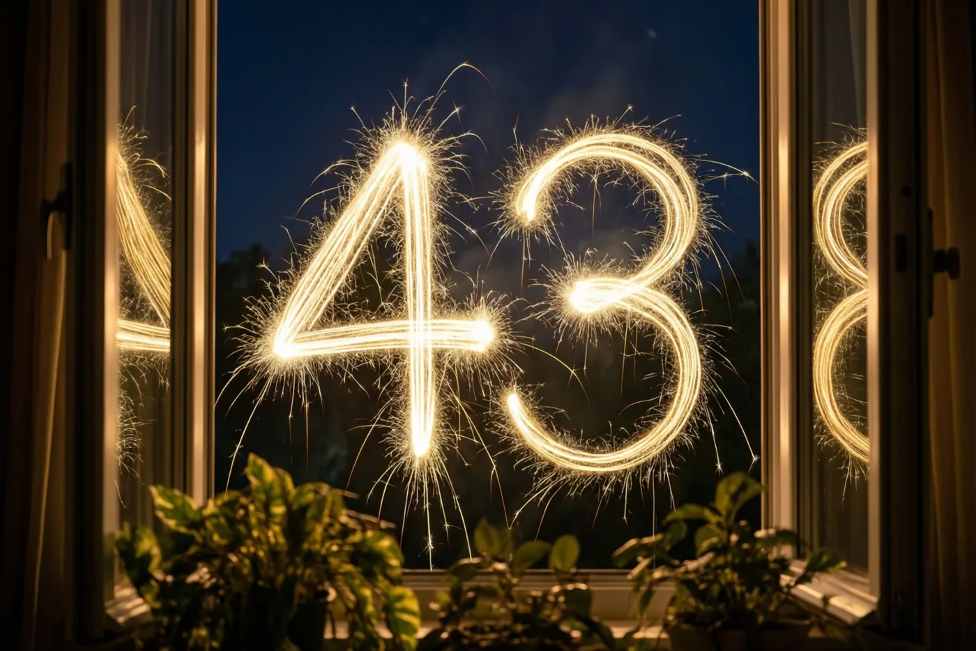 Door een open raam met ruiten en kamerplanten is 43 in gouden lichtsporen van sterretjes tegen de donkere nachthemel te zien.
