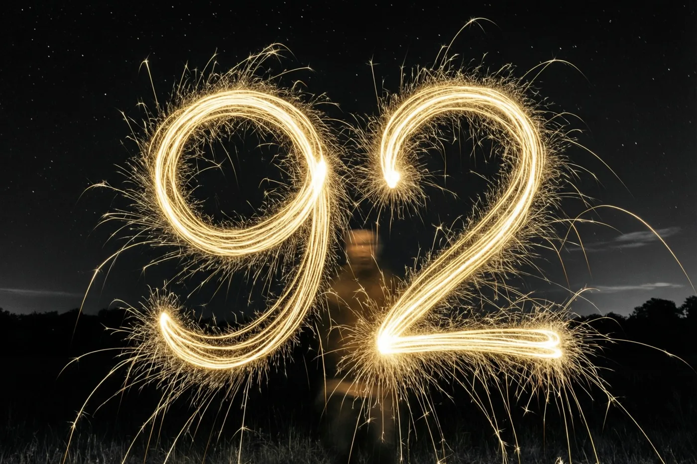 Gouden lichtsporen van sterretjes vormen 92 tegen een donkere nachtlucht met zwak zichtbare sterren.