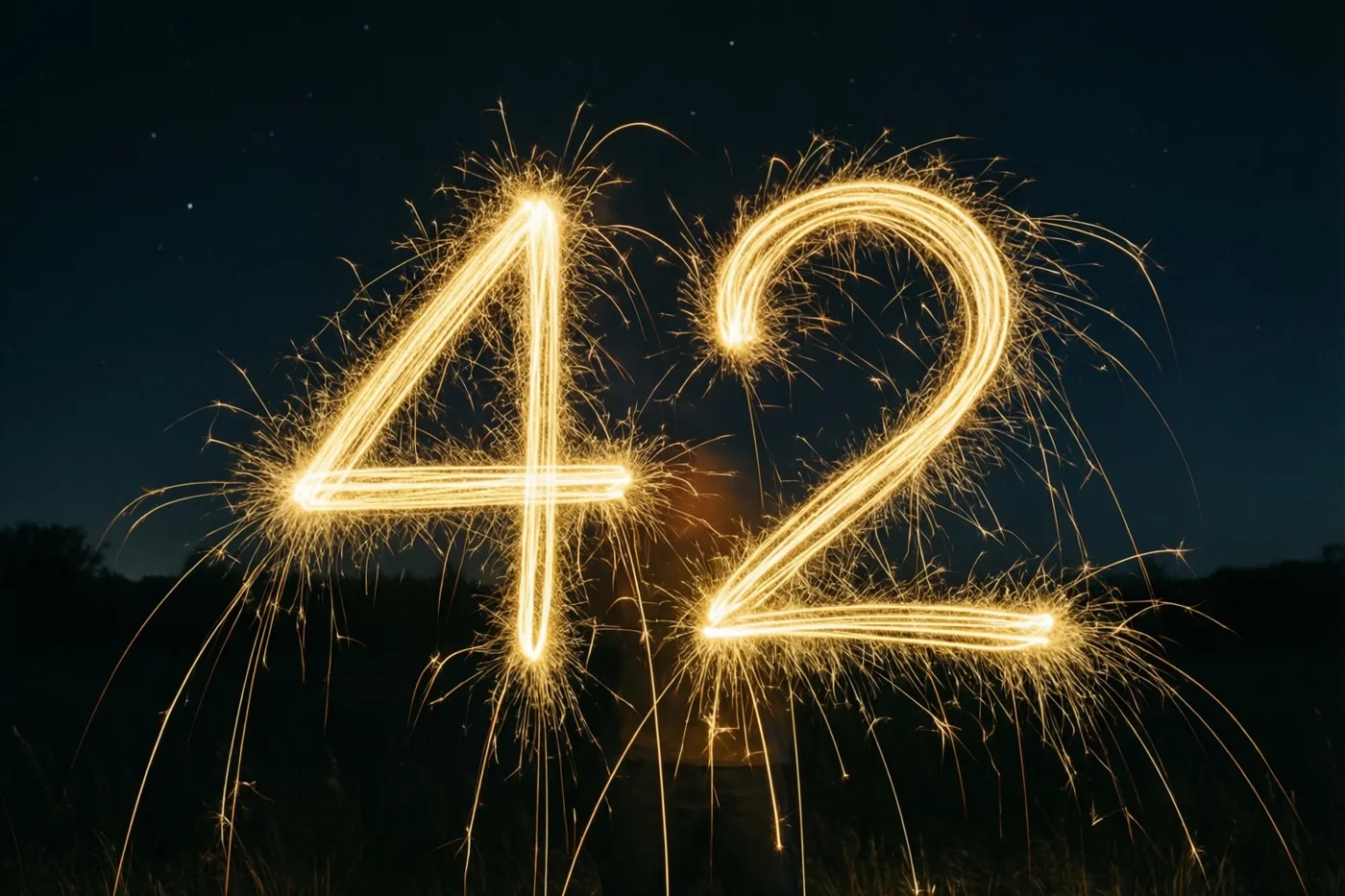 Gouden vonkensporen vormen 42 tegen een donkere nachthemel met zichtbare sterren.