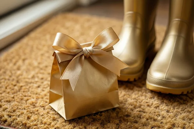 Een klein goudkleurig papieren zakje met een strik staat op een bruine deurmat naast een paar kleine goudkleurige regenlaarzen.