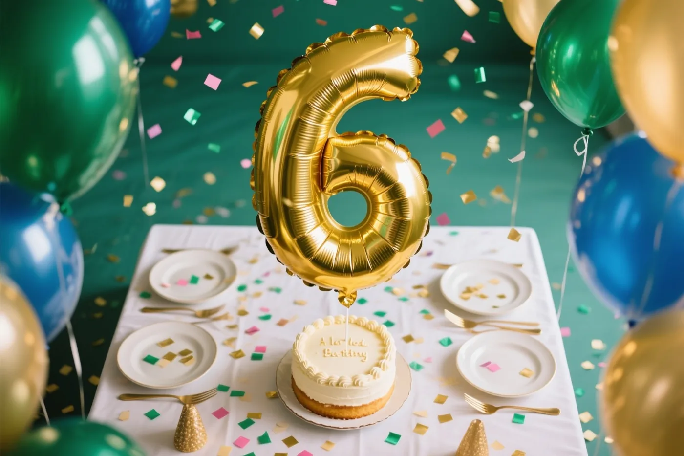 Een grote gouden folieballon in de vorm van een 6 zweeft boven een kleine taart op een feesttafel met confetti en groene, blauwe en gouden ballonnen.