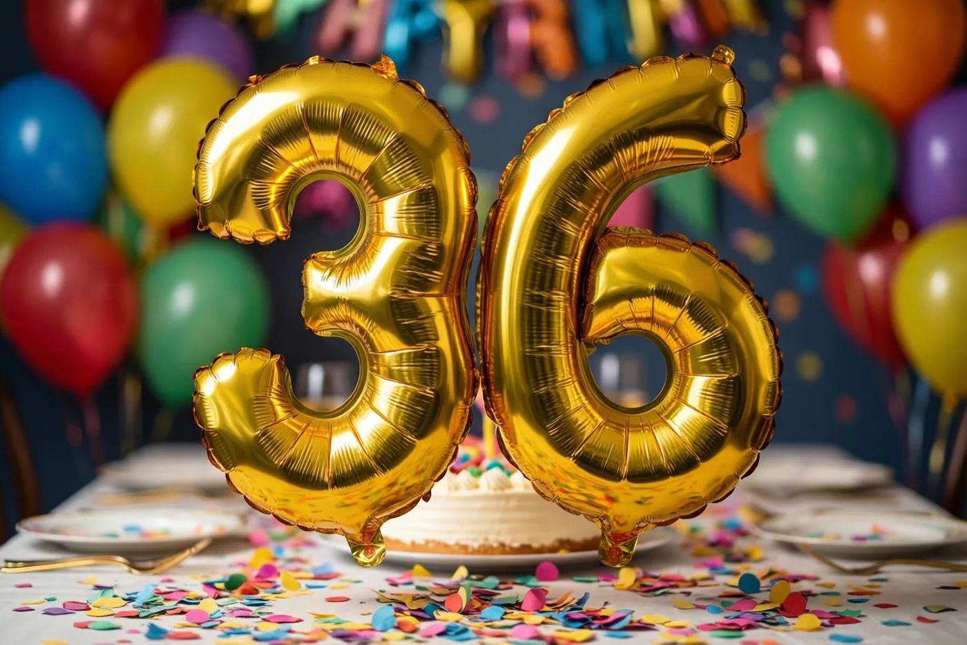 Twee grote gouden folieballonnen vormen 36 boven een tafel met gekleurde confetti en een taart, met kleurrijke ballonnen en feestversiering op de achtergrond.