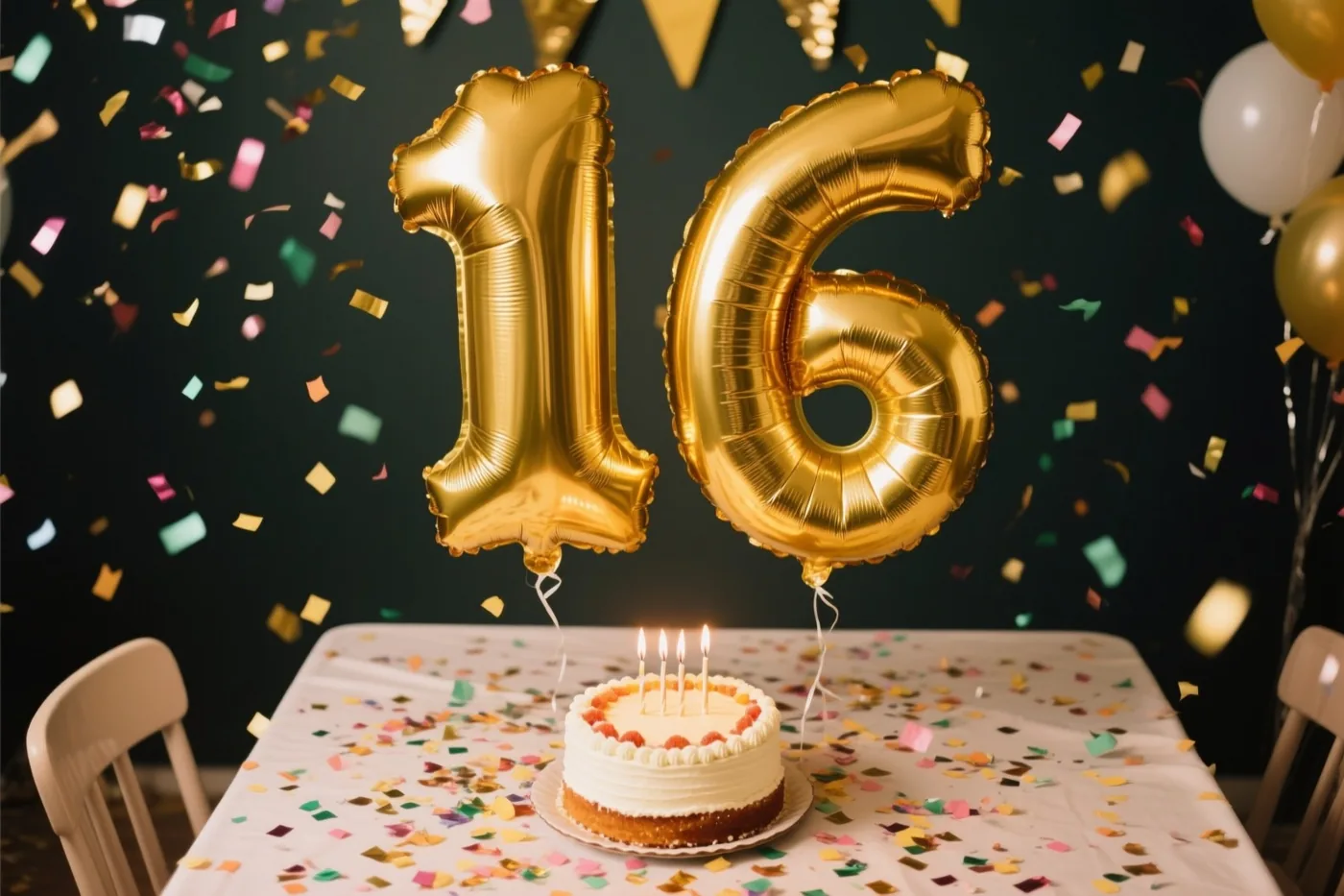 Grote goudkleurige folieballonnen vormen 16 boven een tafel met kleurrijke confetti en een kleine taart met brandende kaarsjes, tegen een donkere achtergrond met vallende confetti.