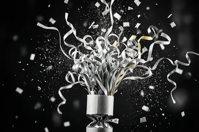 Een knalbonbon barst open met zilveren en gouden papierkrullen en confetti tegen een donkere achtergrond.