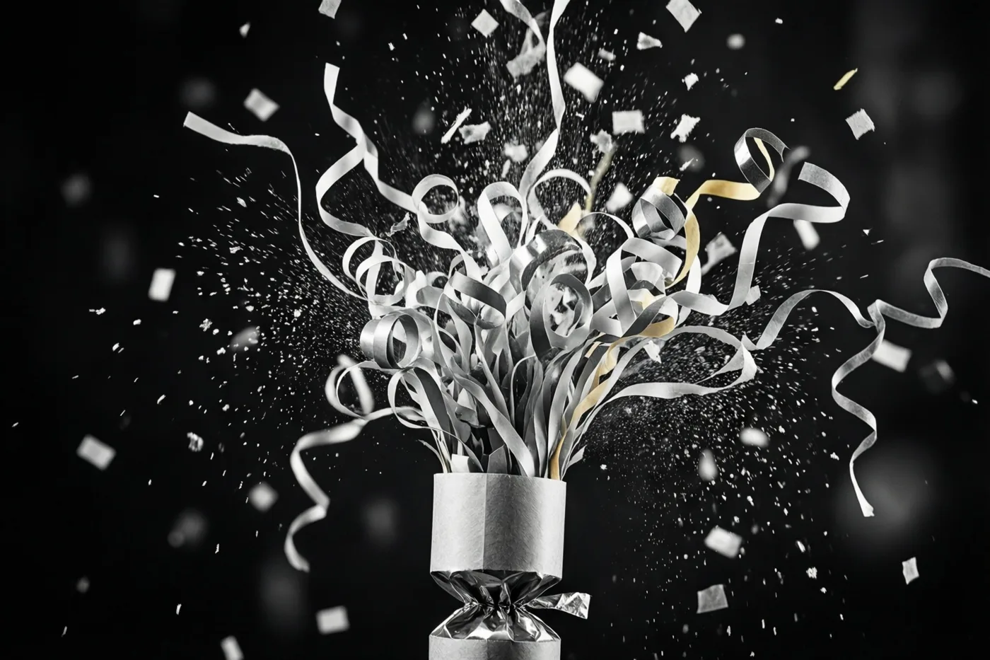 Een knalbonbon barst open met zilveren en gouden papierkrullen en confetti tegen een donkere achtergrond.